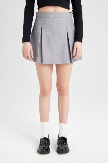 Coool Yüksek Bel Basic Düz Pamuk Yan Fermuarlı Mini Şort Etek