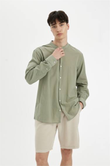 Chemise Coton coupe régulière à Manches Longues Col Montant