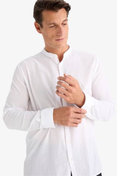 Regular Fit Stand Collar Cotton Long Sleeve Shirt