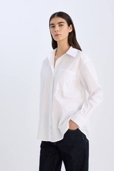 Oversize Fit Shirt Collar Poplin Long Sleeve Shirt