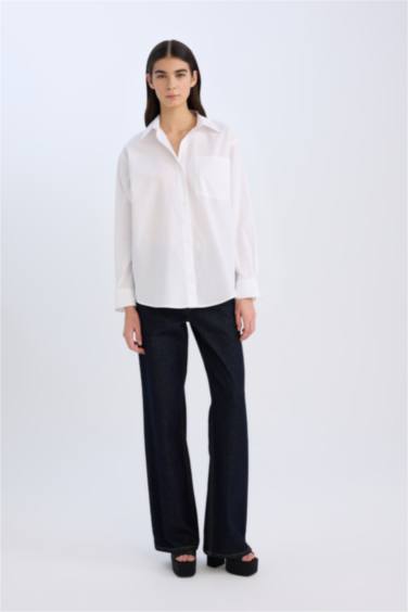 قميص كم طويل بوبلين اوفر سايز بياقة قميص