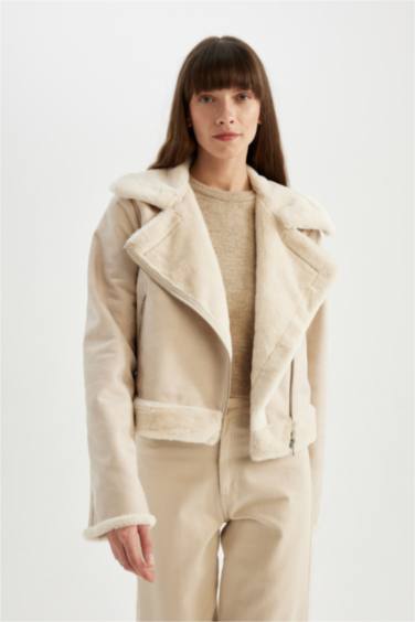 Su Geçirmez Regular Kalıp Kruvaze Yaka İçi Suni Kürklü Kısa Süet Ceket Mont