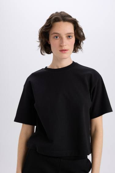 Relax Fit Crew Neck Basic Plain Short Sleeve Black T-Shirt