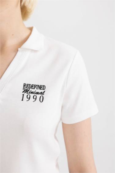 Fitted Polo Neck Slogan Printed T-Shirt
