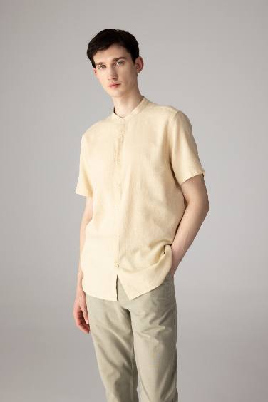 Regular Fit Stand Collar Cotton Short Sleeve Shirt