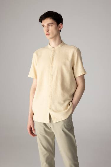 Regular Fit Stand Collar Cotton Short Sleeve Shirt