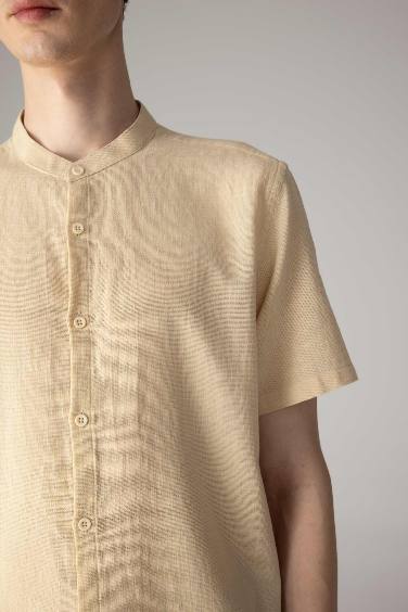 Regular Fit Stand Collar Cotton Short Sleeve Shirt