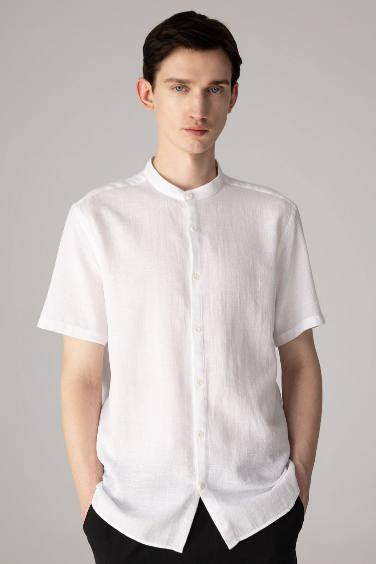 Regular Fit Stand Collar Cotton Short Sleeve Shirt