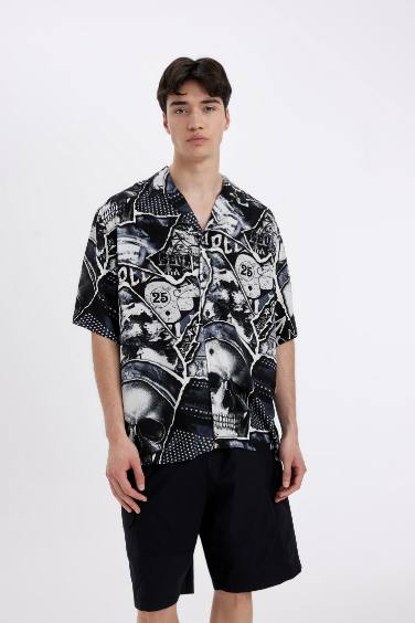 Relax Fit Printed Viscose Short Sleeve Shirt