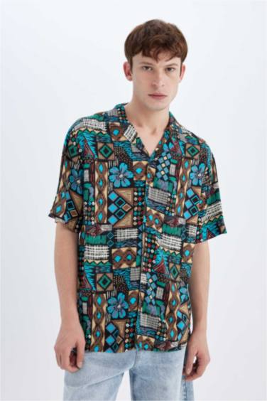 Regular Fit Printed Viscose Short Sleeve Shirt