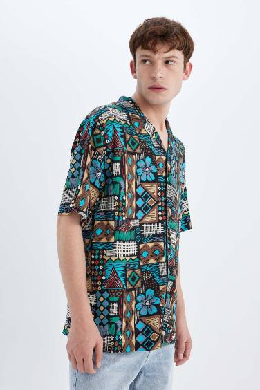 Regular Fit Printed Viscose Short Sleeve Shirt