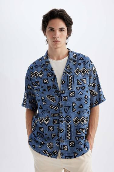 Chemise en Viscose coupe régulière imprimée à Manches Courtes Col Chemise