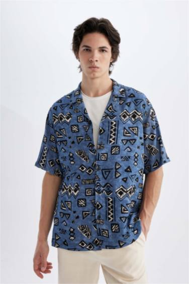 Regular Fit Printed Viscose Short Sleeve Shirt