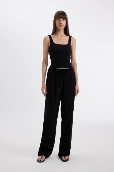 Wide Leg High Waist Crinkle Viscose Trousers