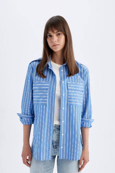 Relax Fit Poplin Shirt Collar Printed Long Sleeve Tunic