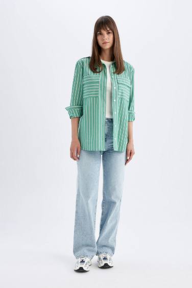 Relax Fit Shirt Collar Printed Poplin Long Sleeve Tunic