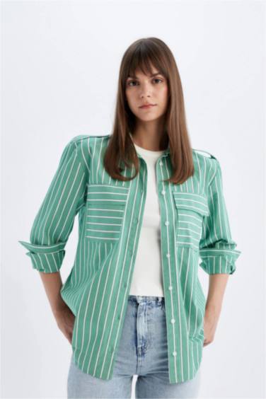 Relax Fit Shirt Collar Printed Poplin Long Sleeve Tunic