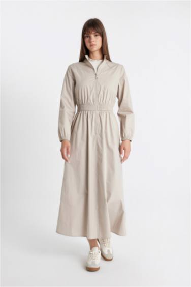 Regular Fit Fermuarlı Dik Yaka Basic Düz Poplin Uzun Kollu Maxi Elbise
