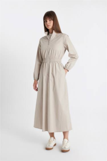 Regular Fit Fermuarlı Dik Yaka Basic Düz Poplin Uzun Kollu Maxi Elbise