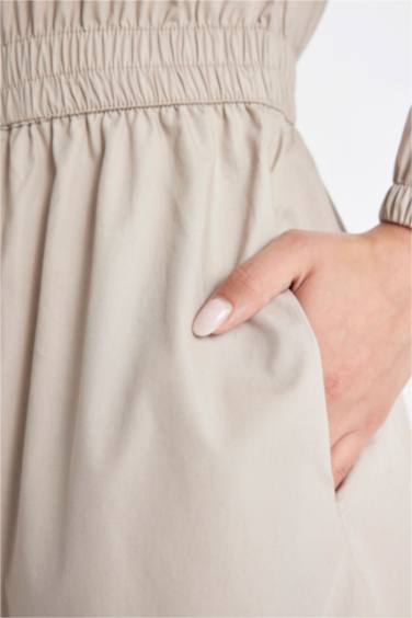 Regular Fit Fermuarlı Dik Yaka Basic Düz Poplin Uzun Kollu Maxi Elbise