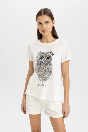 Regular Fit Crew Neck Owl Pattern Short Sleeve T-Shirt