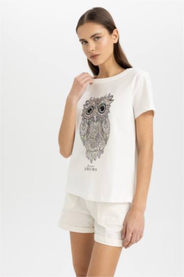 Regular Fit Crew Neck Owl Pattern Short Sleeve T-Shirt
