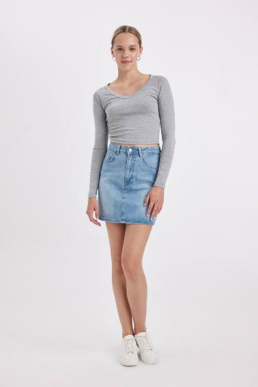 Fitted V Neck Ribbed Long Sleeve T-Shirt