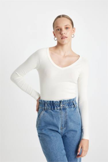 Fitted V Neck Ribbed Long Sleeve T-Shirt