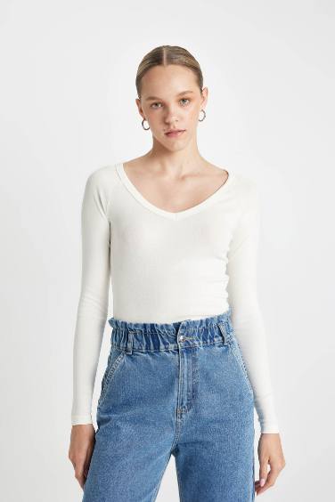 Fitted V Neck Ribbed Long Sleeve T-Shirt