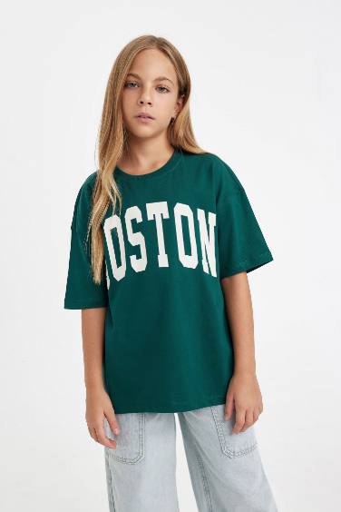 Girl Oversize Fit Crew Neck Text Printed T-Shirt