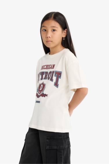 Kız Çocuk Oversize Geniş Kalıp Bisiklet Yaka Baskılı Kısa Kollu Tişört