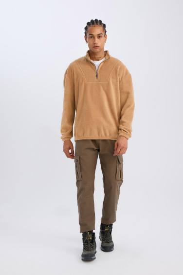 Comfort Regular Fit Rahat Kalıp Dik Yaka Baskılı Polar Sweatshirt