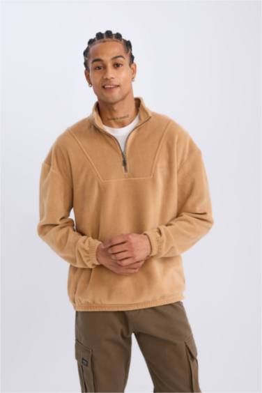 Comfort Regular Fit Rahat Kalıp Dik Yaka Baskılı Polar Sweatshirt