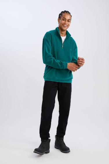 Comfort Regular Fit Rahat Kalıp Dik Yaka Baskılı Polar Sweatshirt