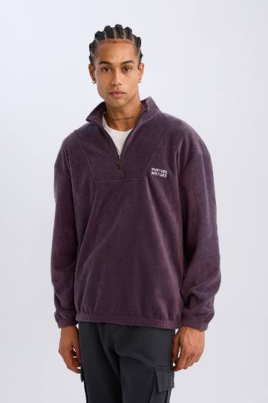 Comfort Regular Fit Rahat Kalıp Dik Yaka Baskılı Polar Sweatshirt