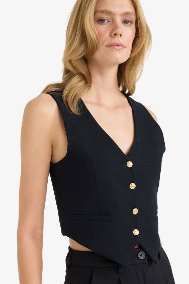 V Neck Linen Blend Crop Blazer Vest