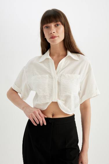 Shirt Collar Twill Short Sleeve Crop Blouse