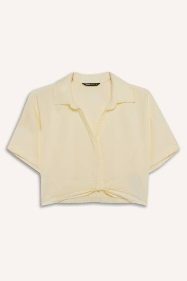 Cropped Fit Gömlek Yaka Keten Görünümlü Kısa Kollu Bluz