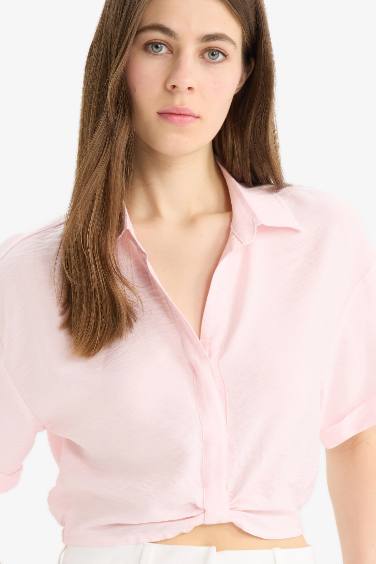 Shirt Collar Crop Linen Look Short Sleeve Blouse