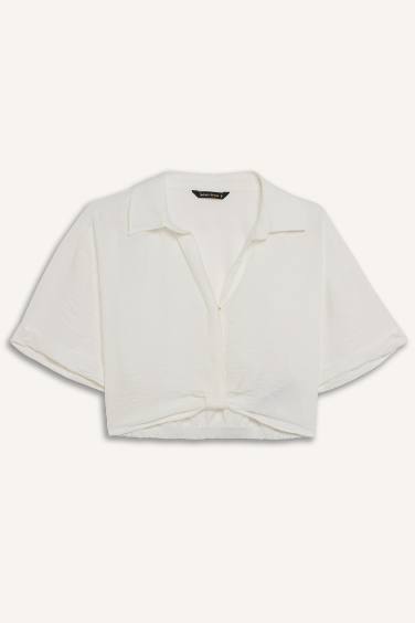 Cropped Fit Gömlek Yaka Keten Görünümlü Kısa Kollu Bluz
