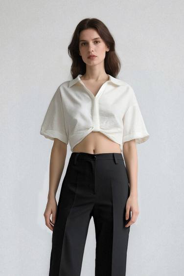 Cropped Fit Shirt Collar Linen Look Blouse
