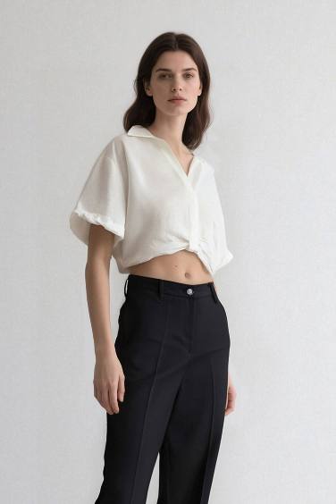 Cropped Fit Shirt Collar Linen Look Blouse