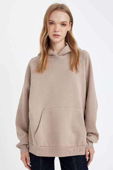 Oversize Geniş Kalıp Kapüşonlu Kanguru Cepli Kalın Basic Düz Sweatshirt