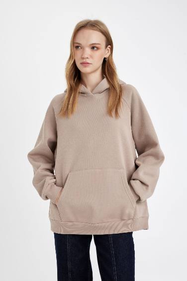 Oversize Geniş Kalıp Kapüşonlu Kanguru Cepli Kalın Basic Düz Sweatshirt