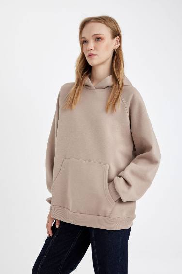 Oversize Geniş Kalıp Kapüşonlu Kanguru Cepli Kalın Basic Düz Sweatshirt