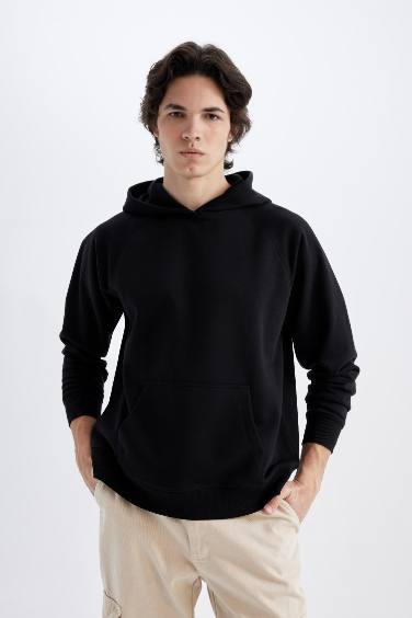 Siyah Oversize Fit Geniş Kalıp Kapüşonlu Kanguru Cepli Kalın Basic Düz Sweatshirt