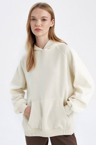 Oversize Geniş Kalıp Kapüşonlu Kanguru Cepli Kalın Basic Düz Sweatshirt