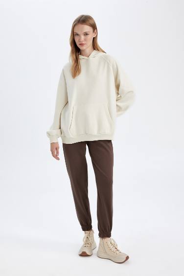 Oversize Geniş Kalıp Kapüşonlu Kanguru Cepli Kalın Basic Düz Sweatshirt