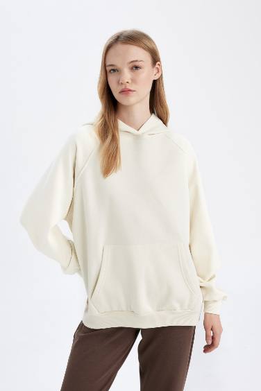 Oversize Geniş Kalıp Kapüşonlu Kanguru Cepli Kalın Basic Düz Sweatshirt