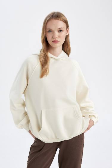 Oversize Geniş Kalıp Kapüşonlu Kanguru Cepli Kalın Basic Düz Sweatshirt